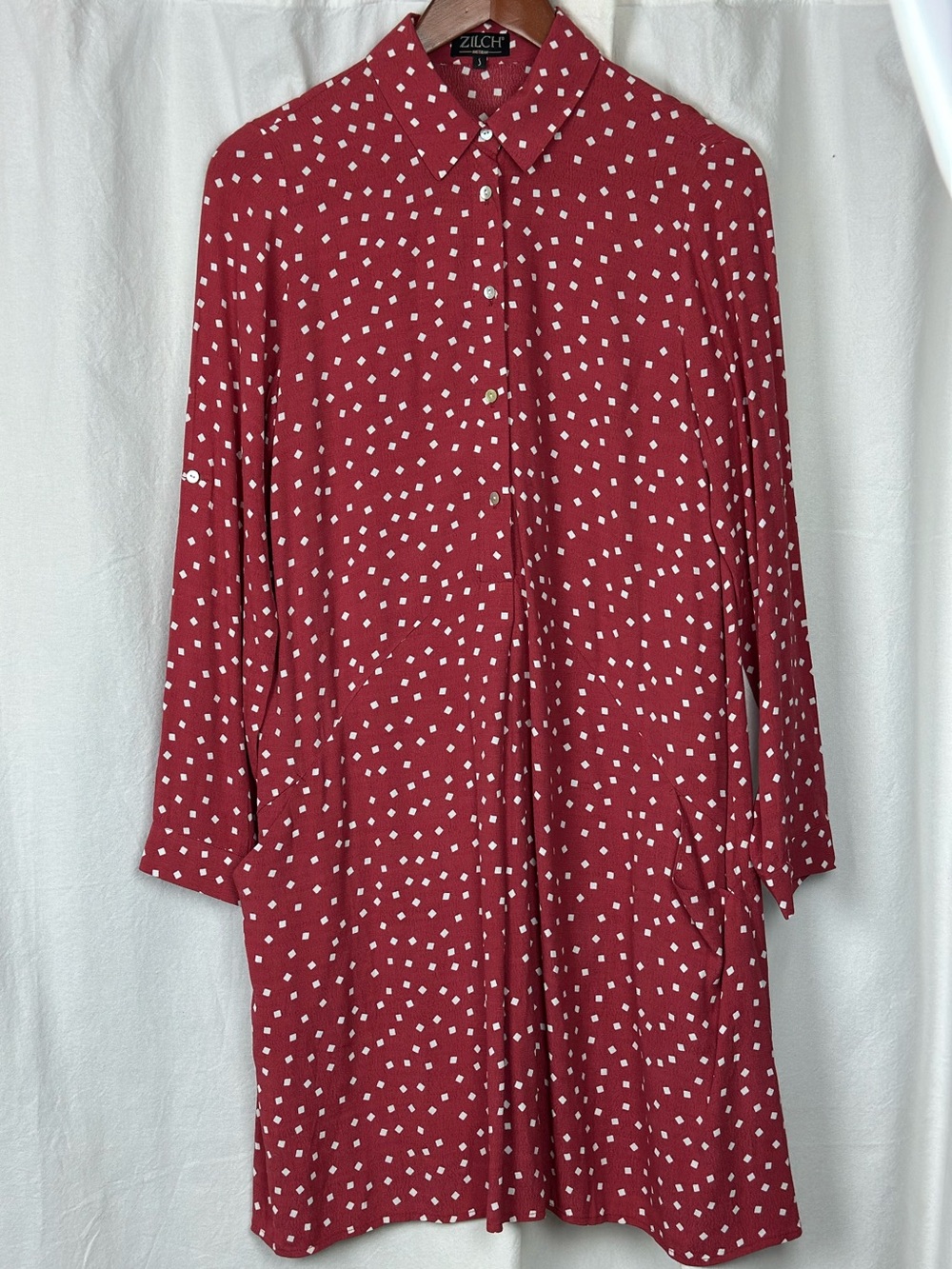 Zilch Red Long-Sleeve Shift Dress with White Dot Print